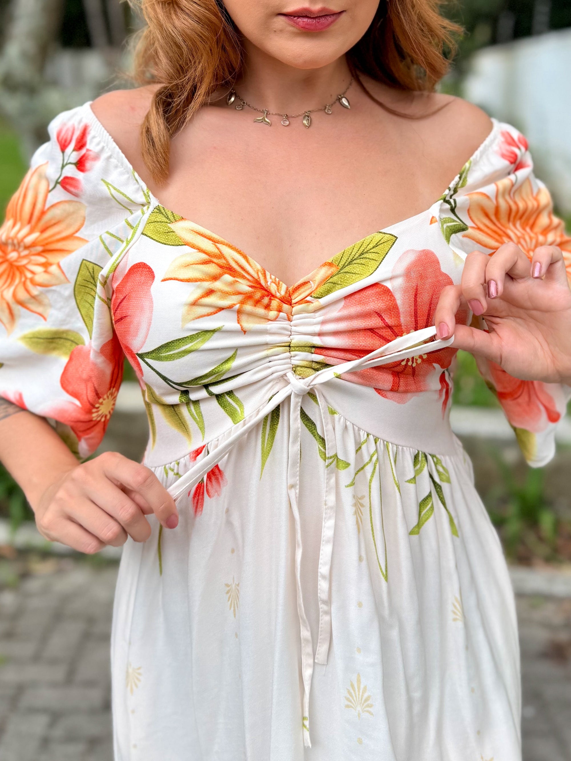 Vestido Estampado com Bolsos e Manga Sol