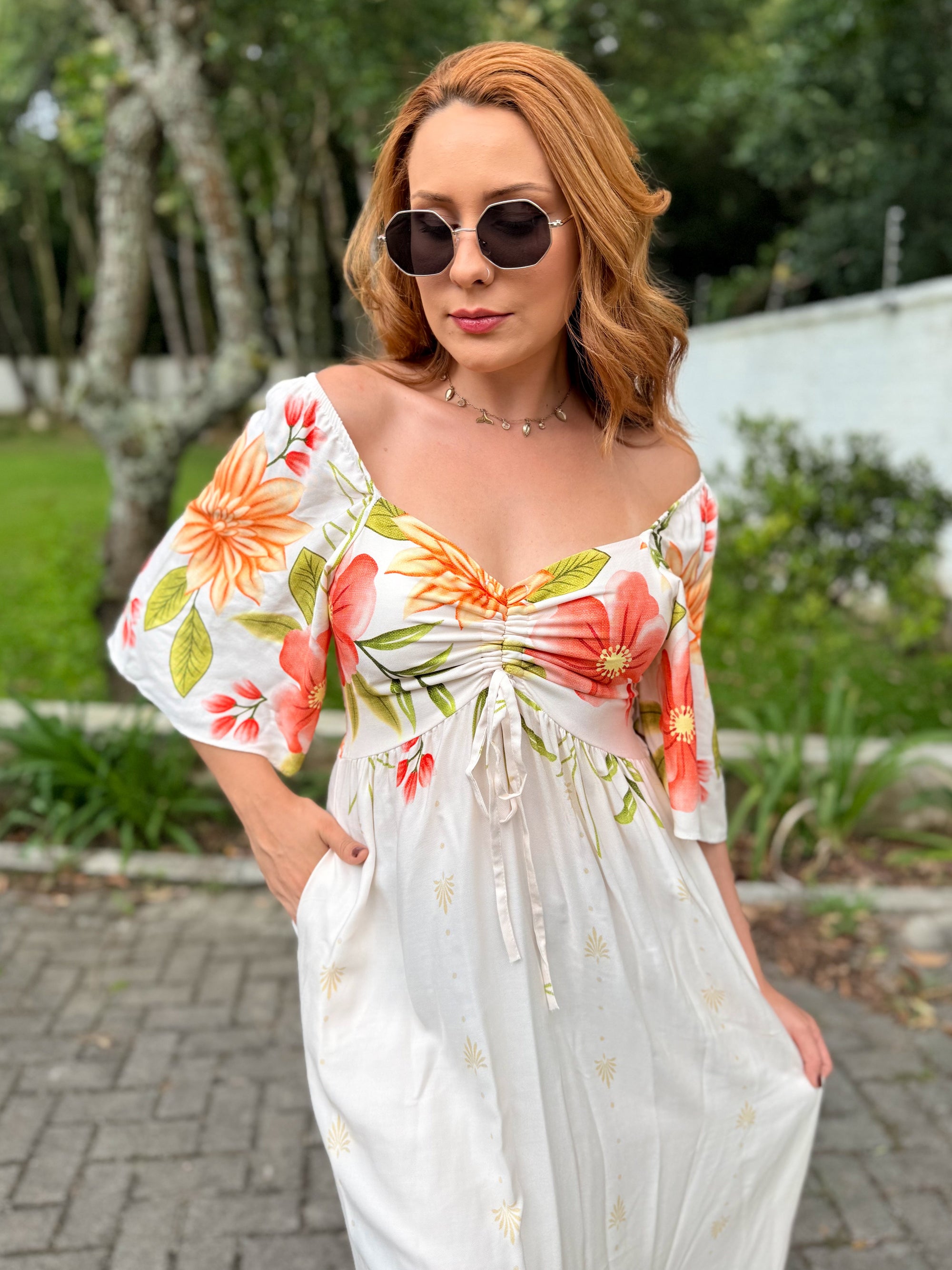 Vestido Estampado com Bolsos e Manga Sol