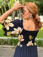 Vestido Estampado com Bolsos e Manga Sol