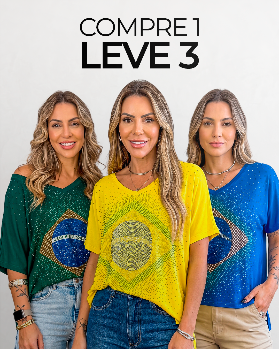 Blusa Brasil Gola V com Pedraria [COMPRE 1 E LEVE 3]