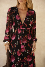 Vestido Frysaide Preto Floral Decote V Longo