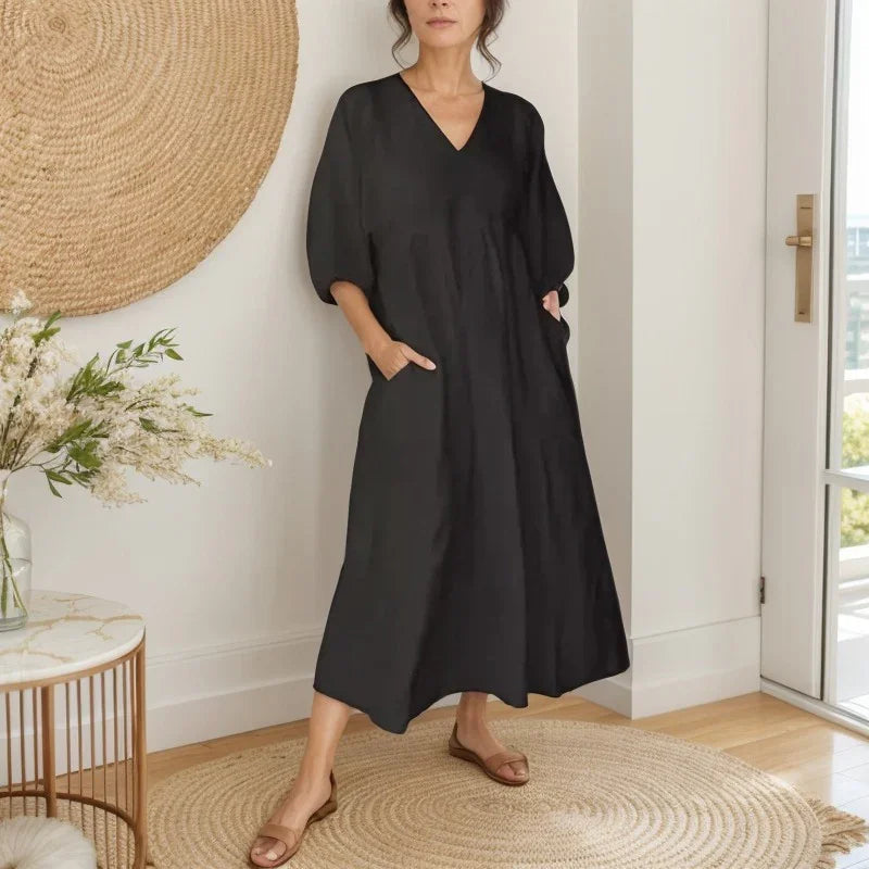 Vestido Alma Livre™ em Linho de Algodão com Gola V e Manga Ampla